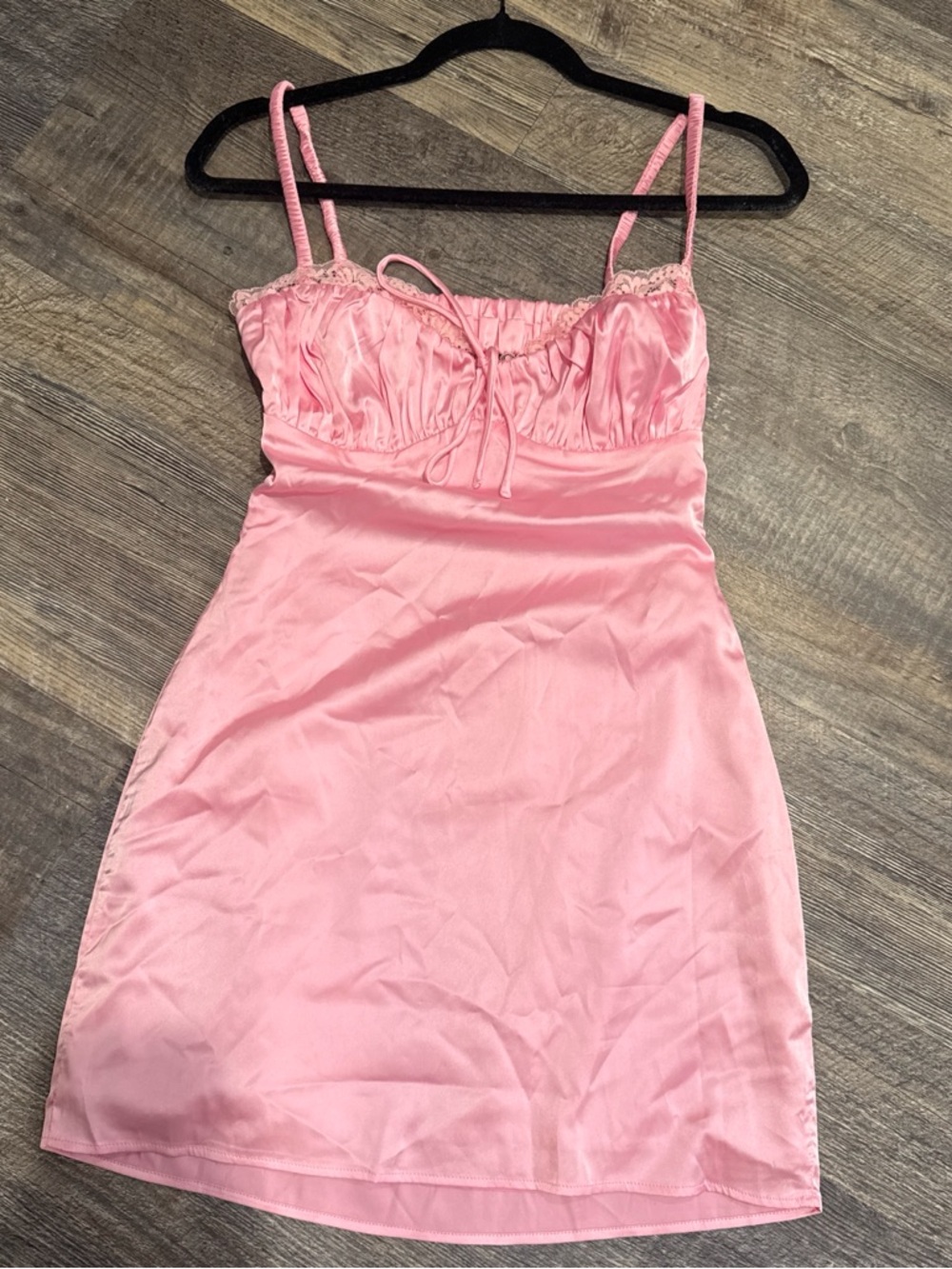 Pink Satin Slip Dress with Lace Trim